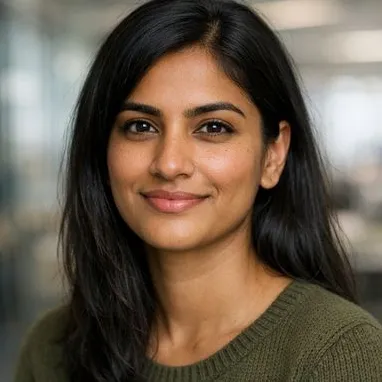 Young South Asian woman, black hair, dark eyes, olive knit sweater, calm expression
