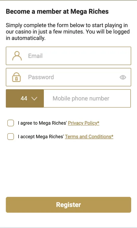 First step of Mega Riches registration form